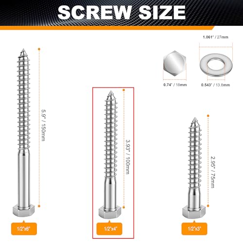 Hex Head Lag Bolts for Wood, Lag Screws 1/2" x 4",24 PCS - size: 1/2" x 4"