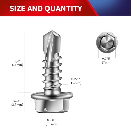 #8 x 5/8" Self Drilling Screws (235Pcs) Hex Washer Head 410 Stainless Steel Self Tapping Screws for Metal Sheet Metal Screws with Hex Socket Included - color: Silver, size: #8 x 5/8"