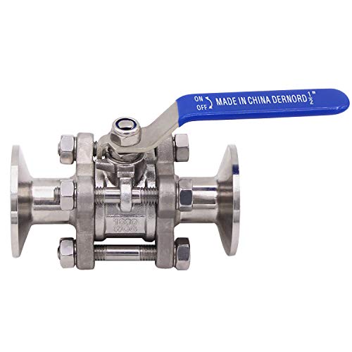 DERNORD Sanitary Ball Valve Fits 1.5" Tri-Clamp Clover Stainless Steel 304, PTFE Lined, Two Way & Three Piece (0.5 Inch Tube OD Quick Clamp) - size: 1/2 Inch Tube OD Quick Clamp