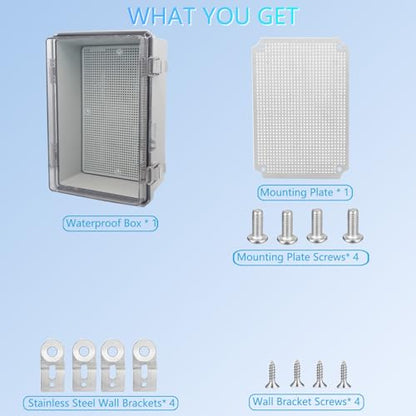 Waterproof Junction Box, ABS Plastic Electrical Box with Stainless Steel Latch, Hinged Cover Electric Project Enclosure Box with Mounting Plate, Wall Brackets & Cable Gland 11.8"x7.8"x7.1" - color: Clear, size: 11.8"x7.8"x7.1"