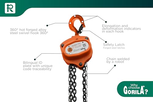 GORILA Hand Chain Hoist 1100LBS 10FT (0,5 Ton 3 Meters) with 2 Heavy Duty Hooks and Forged Locks | Safety Factor 4:1 | Since 1989 - size: 1100lbs - 10ft / 0,5t - 3m