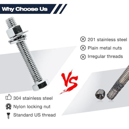 (5Set) 3/8-16 x 3 Complete Set Hex Head Screw Bolts,Nuts,Flat washers,Spring Washers,Fully Threaded, Stainless Steel 18-8（304）, Bright Finish. - size: (5Set)3/8-16 x 3"