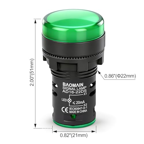 BAOMAIN 22mm LED Industrial Indicator Light,220V AC Pilot Signal Lamp for Industrial Machinery Control Circuits,7/8" Panel Mount, Screw Terminal,Green,5-Pack - color: Green