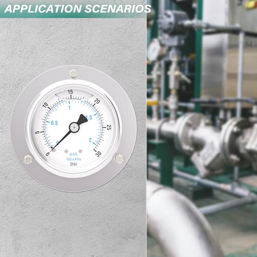 0-30PSI Panel Mount Front Flanged Glycerin Filled Pressure Gauge, 2.5" Dial Size, 1/4" MNPT Back Mount, Stainless Steel Case, with Phillips Screw and Nut, for Water, Gas, Liquid Pressure - color: Liquid Filled - Stainless Steel Case, size: 0-30PSI