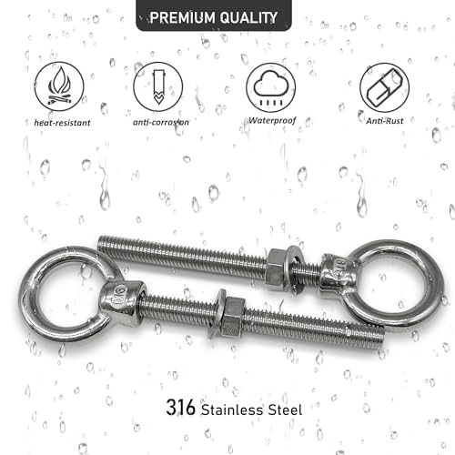 Eye Bolts, 2pack 1/2" x 4-3/4" Heavy Duty Shoulder Lifting Ring Threaded Eyebolts with Nuts Washers 316 Stainless Steel Marine Grade Eyebolt