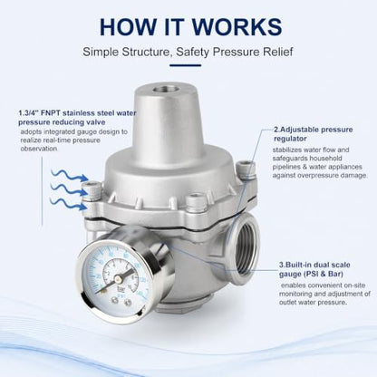 MEANLIN MEASURE 1/2" FNPT Stainless Steel Pressure Regulator with Gauge - size: 1/2" FNPT