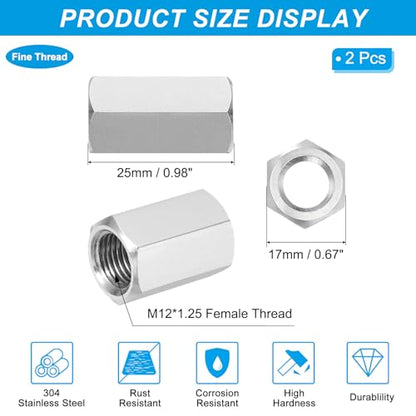 PATIKIL M12x1.25 Pitch 304 Stainless Steel Hex Coupling Nuts, 2 Pcs 25mm / 0.98" Length Fully Threaded Rod Coupling Nut Studding Connector Fasteners, Silver Tone - size: M12-1.25 x 25mm