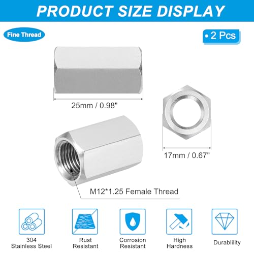 PATIKIL M12x1.25 Pitch 304 Stainless Steel Hex Coupling Nuts, 2 Pcs 25mm / 0.98" Length Fully Threaded Rod Coupling Nut Studding Connector Fasteners, Silver Tone - size: M12-1.25 x 25mm