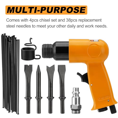 2 in 1 Air Hammer Kit, Air Needle Scaler with 4PCS Pneumatic Chisel Kit, 4500 BPM Pneumatic Tools with 38PCS Replacement Flat-head Descaling Needles