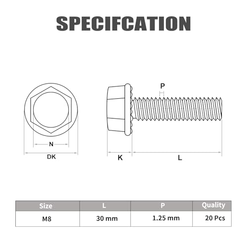 VGBUY M8-1.25 x 30mm Flanged Hex Head Bolts,304 Stainless Steel 18-8,Fully Threaded,Silver External Flange Hex Drive Screws,Pump,Fix Car,DIY Project(20Pcs) - size: M8x30mm