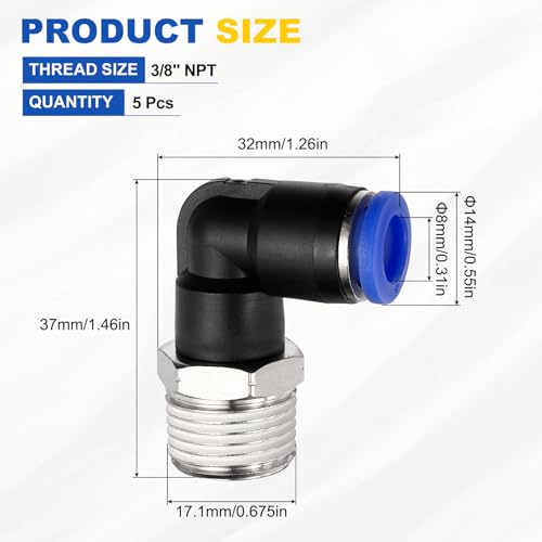 5Pcs Male Elbow Push to Connect Fitting Fit 8mm OD Tube 3/8" NPT - color: Blue, size: 8mm OD x 3/8" NPT
