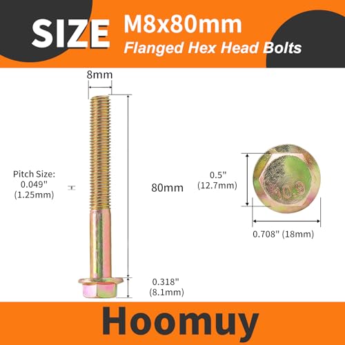 M8 x 80mm 10pcs Heavy Duty Flanged Hex Head Bolts, Flange Hexagon Head Screws, 10.9 Grade Alloy Steel, Yellow Zinc Plated, Metric Half Thread - size: M8 x 80mm(10pcs)