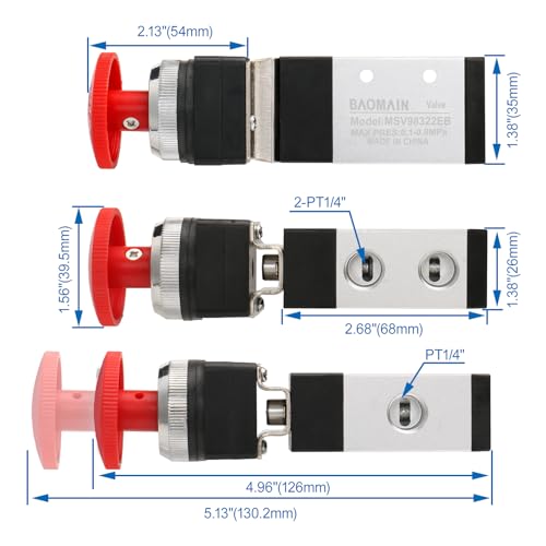 Baomain Pneumatic Mechanical Valve MSV-98322EB 1/4"PT 2 Position 3 Way Reset Mushroom Button - size: Emergency Stop(3-Way)