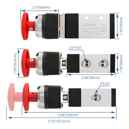 Baomain Pneumatic Mechanical Valve MSV-98322EB 1/4"PT 2 Position 3 Way Reset Mushroom Button - size: Emergency Stop(3-Way)