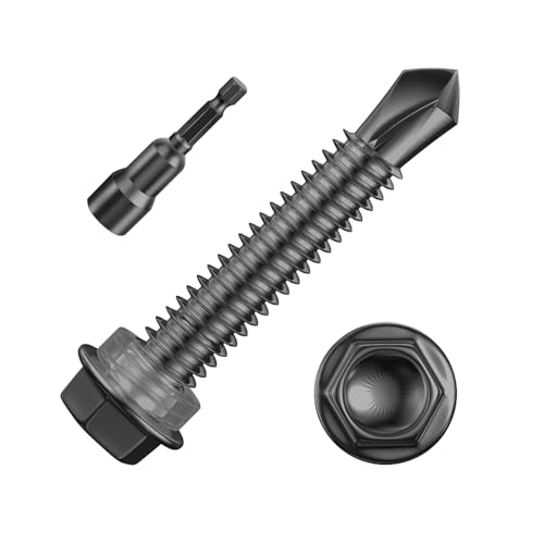 Wensilon (200Pcs)#10×1-1/4" Black Hex Washer Head Self Drilling Screws, 410 Stainless Steel Metal SheetScrews，TEK Screws, Sheet Metal Self Tapping Screws - color: Black, size: #10x1-1/4"