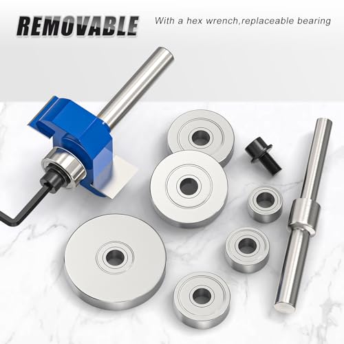 4Pcs Rabbet Router Bit 1/4" Shank with 6 Bearings Set - 1/16", 3/16", 1/4", 5/16", 3/8", 7/16". Interchangeable Bearings with 1/2" to 1/4" Router Collett