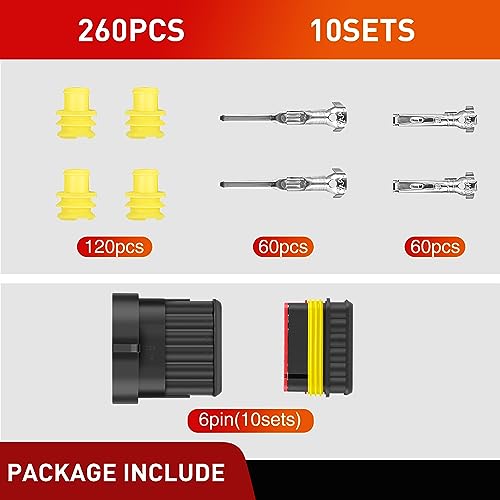 Nilight 260PCS 6 Pin Electrical Connector ‎Plug with Male Female Terminals - size: 6Pin Connector 200Pcs