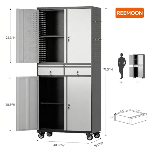 Reemoon 71" H Metal Garage Cabinet with Pegboard and 2 Drawers,Black-Silver - color: Black-silver, size: 15"D x 30.1"W x 71"H