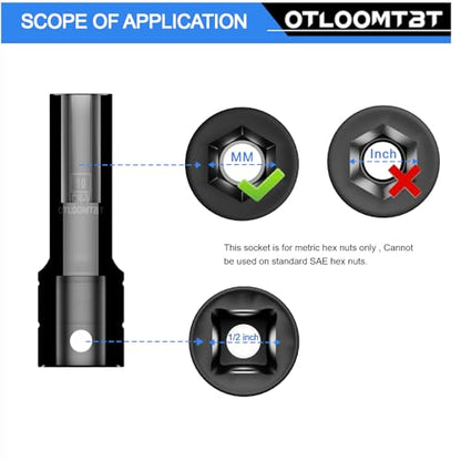 OTLOOMTBT 1/2" Drive Impact Socket Set, Metric Deep with Drill Adapter - size: 1/2 Inch 14 PCS