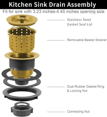 Sink Strainer Kitchen Sink Drain Assembly Kit 3-1/2 Inch with Kitchen Sink Drain Basket,304 Stainless Steel Sink Stopper & Cover Lid，Stainless Steel Gold Color - color: Gold Color