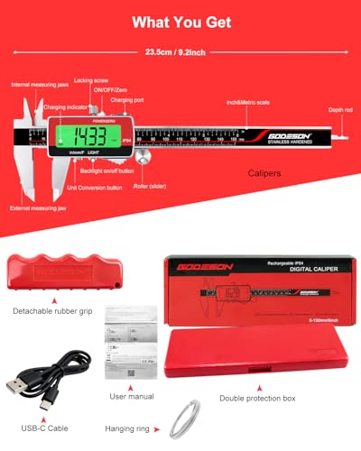 GODSEON 6" Digital Caliper, USB-C Rechargeable Backlight LCD ±0.001" Accuracy, Inch/mm/Fraction Units 5 Modes Auto-Off, Stainless Steel Calipers for DIYers Woodworkers Jewelers, 3D Printing - size: 6"- Metal Shell