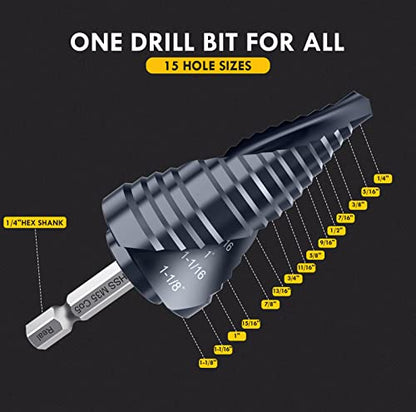 Spiral Flute Cobalt Step Drill Bit M35,Hex Shank Unibit for Metal, Stainless Steel (1/4"-1-1/8") - size: 1/4"-1-1/8"(2 Flute)