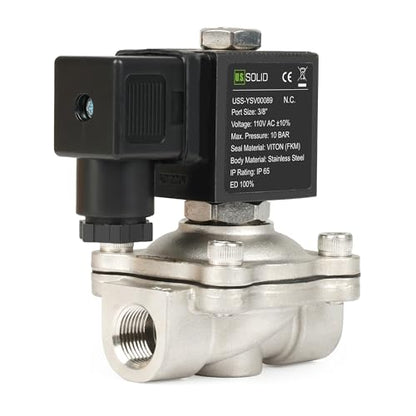 U.S. Solid 3/8" Stainless Steel Solenoid Valve -110V 120V AC, Normally Closed, 145 PSI Electric Valve for Water, Air, Diesel - size: 3/8 Inch