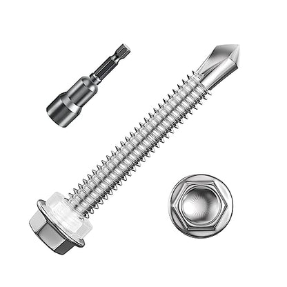 Wensilon (150Pcs) #10×1-1/2" Hex Washer Head Self Drilling Screws, 410 Stainless Steel Metal SheetScrews，TEK Screws, Sheet Metal Self Tapping Screws - color: Silver, size: #10x1-1/2"