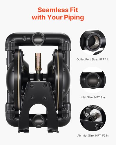 VEVOR Air Operated Double Diaphragm Pump, 35 GPM, 1 inch Inlet & Outlet Pneumatic Waste Oil Transfer Pump, Max 114 PSI, Aluminum Alloy Body, Air-Operated for Diesel, Grease, Kerosene, Gasoline & Oil - style: 1inch 35GPM Aluminum Alloy