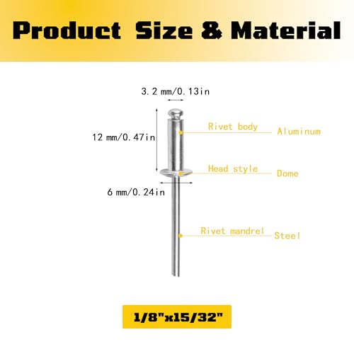 300 pack 1/8'' x 15/32'' Silver Pop blind Rivets, 3.2 mm x 12 mm pop rivets, Aluminum Body Steel Mandrel Rivets, Dome Head aluminum rivets (Choose Your Size) - size: 1/8'' x 15/32''(3.2 mm x 12 mm)