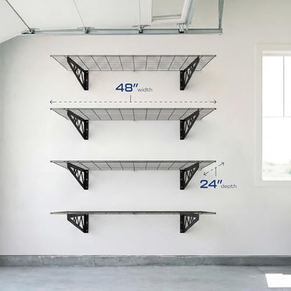 MonsterRax 24x48 White Garage Wall Shelf 4-Pack, 500lb, Hammertone - color: Hammertone, size: 24"x48" Combo