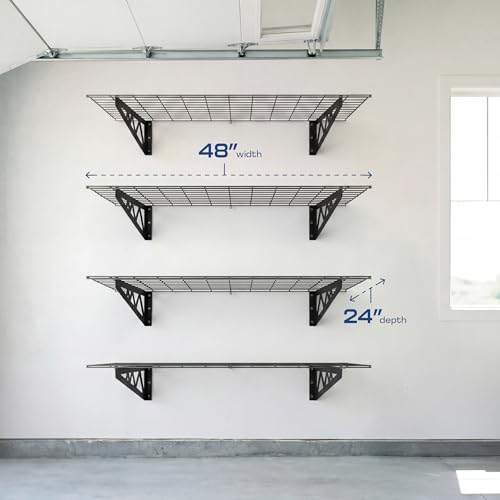 MonsterRax 24x48 White Garage Wall Shelf 4-Pack, 500lb, Hammertone - color: Hammertone, size: 24"x48" Combo