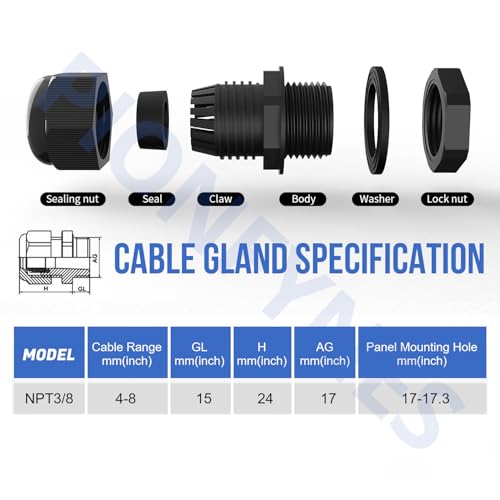 50PCS 3/8'' NPT Cable Gland Waterproof Adjustable 4-8mm/0.16-0.31inch Nylon Cable Glands Joints with Gaskets (3/8", 50PCS) - size: 3/8'' NPT 50pcs