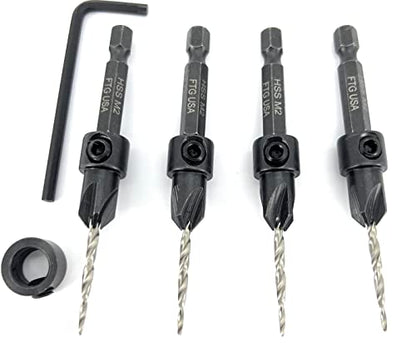FTG USA #4 (7/64") Wood Countersink Drill Bit 4-Pc Set with 3/8" Depth Stop - size: #4, style: 4 Pc with Depth Stop