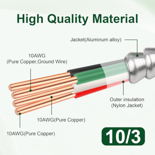 14/3 MC Cable 10FT, Metal Clad Electrical Wire with Green Insulated Ground, 14 AWG Solid Pure Copper Conductors, Aluminum Armor Real THHN/THWN, 600V 90°C Indoor/Outdoor Rated UL Listed - color: 10 FT, size: 14AWG/3