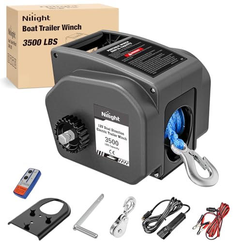 Nilight Boat Trailer Winch 3500 lbs Portable Electric Boat Winches 12 V DC Marine Winch with Synthetic Rope Remote Control Hand Crank Power-in Freewheel Waterproof Winch for Boat Trailer Towing, Gray - color: Gray, size: Synthetic Rope