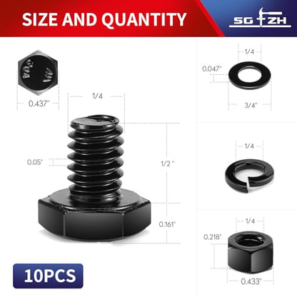 1/4-20 x 1/2" Hex Head Screw Bolt, Nuts, Flat & Lock Washers, 10Pcs 18-8 (304) Stainless Steel, Fully Threaded, Black Oxide by SG TZH - size: 1/4-20 x 1/2"