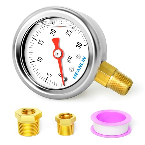MEANLIN MEASURE 0~30Psi Stainless Steel 1/8" NPT 1.5" FACE DIAL, Glycerin Filled Pressure Gauge, Liquid Filled, Water Oil Air, Lower Mount, with 1/4" NPT and 3/8" NPT Hex Bushing - size: 0-30Psi