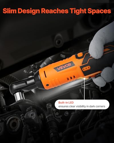 VEVOR Cordless Ratchet Wrench, 3/8 inch Drive, 240 RPM, up to 33 ft-lbs of Torque, Battery Powered Electric Ratchet Wrench Set with Two 2.0Ah Batteries, Charger, Sockets, Adaptor and Extension Bar - size: 11.22 in, style: Standard