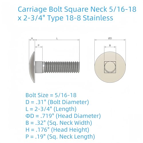 SANTIE 5/16"-18 X 2-3/4" Stainless Carriage Bolt - size: 5/16"-18 X 2-3/4"(25pc)