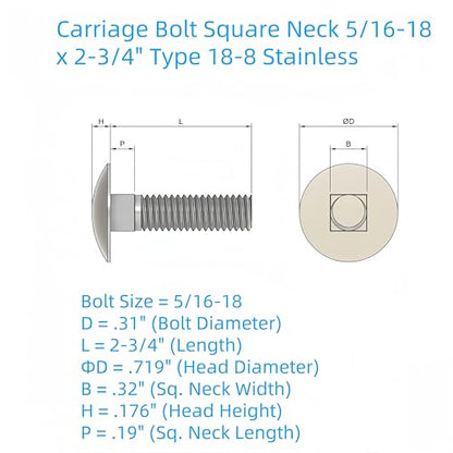 SANTIE 5/16"-18 X 2-3/4" Stainless Carriage Bolt - size: 5/16"-18 X 2-3/4"(25pc)