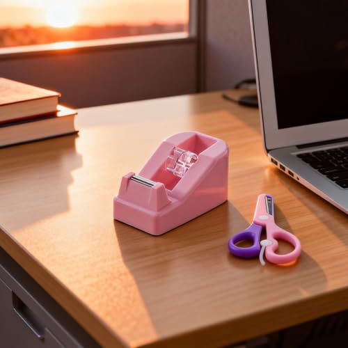 XEUZK Desktop Tape Dispenser Kits with Weighted Nonskid Base Tape Dispenser- Includes 9 Rolls of Transparent Tape(0.71 Inch x 500 inches Each) & Pink Scissors, 2 Pcs Tweezers (Pink) - color: Pink