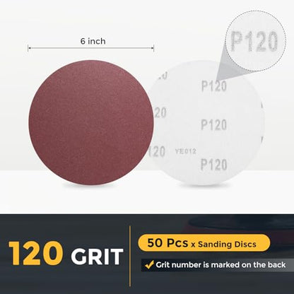 HARFINGTON 50 Pcs 6 Inch Sanding Discs 120 Grit Red Aluminum Oxide - size: 6 Inch(120 Grit)