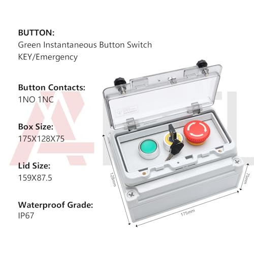APIELE IP67 Outdoor Waterproof Button Switch Box Emergency Stop Button Switch Key Button Switch and Green Instantaneous Button Switch with Protective Cover Anti-Misoperation Switch - style: Green Button Switch/Key Switch/EMG Stop Switch+Box