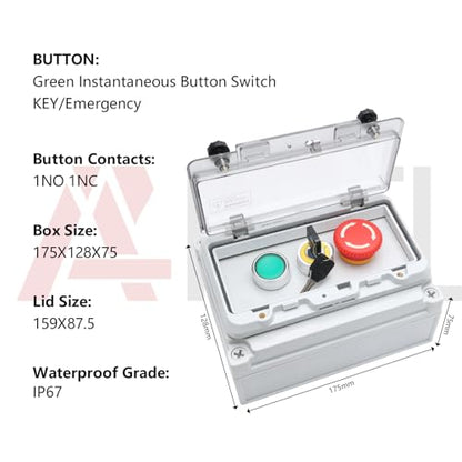 APIELE IP67 Outdoor Waterproof Button Switch Box Emergency Stop Button Switch Key Button Switch and Green Instantaneous Button Switch with Protective Cover Anti-Misoperation Switch - style: Green Button Switch/Key Switch/EMG Stop Switch+Box
