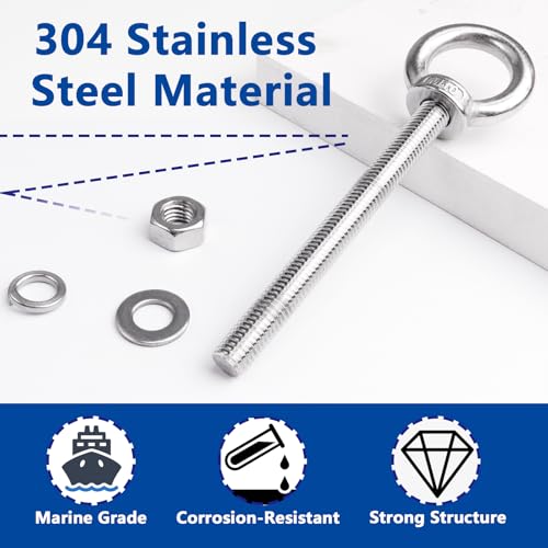 10 Pack M10 x 100mm Threaded Eyebolts with Nuts Washers,Stainless Steel Marine Grade Shoulder Eye Bolt,Eyebolts for DIY, Furniture,Swing, and Outdoor Use (M10 x 100mm) - size: M10 x 100mm