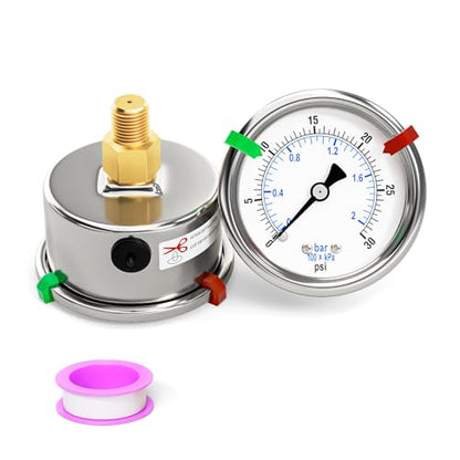 0-30Psi Stainless Steel Dry Low Pressure Gauge 1/8" NPT 2" Dual Scale Dial, Back Mount, Waterproof for Water Oil Air Well Pump, compressors, Tire Gas Pressure Test (with Range Mark Pointer) - size: 0-30Psi, style: Back Mount(1/8"NPT)