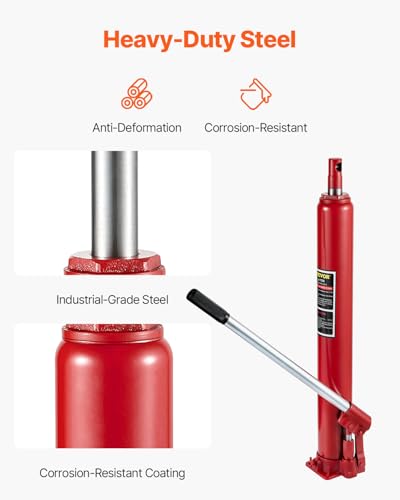 VEVOR 4 Ton Hydraulic Long Ram Jack, Cherry Picker Ram with Single Piston Pump, Manual Engine Hoist Cylinder with Handle and Flat Base, for Garage & Engine Lifting, Red - color: Red