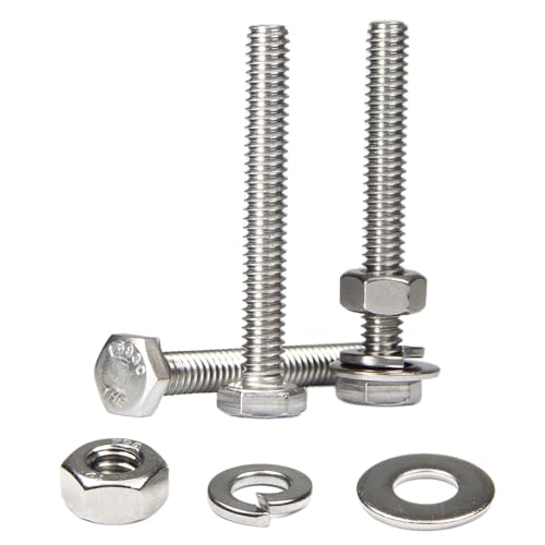 MroMax 20 Sets 1/4-20 x 2 Hex Head Screw Bolt, Nuts, Flat Washer & Spring Lock Washers Kits,Fully Threaded, Stainless Steel 18-8（304）, Bright Finish - size: 1/4"-20 x 2" (20 Sets)