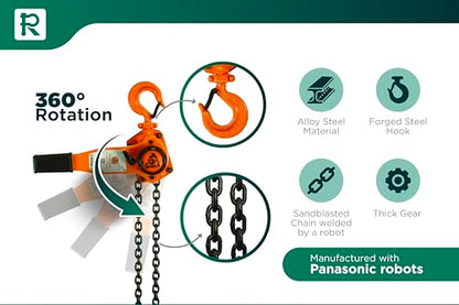 GORILA Manual Lever Hoist 360° | Manual Ratchet Chain Puller Hoist | 1650LBS - 5FT (0,75 Ton - 1,5 Meters) | Safety Factor 4:1 | Since 1989 - size: 1650lbs - 5ft / 0,75t - 1,5m